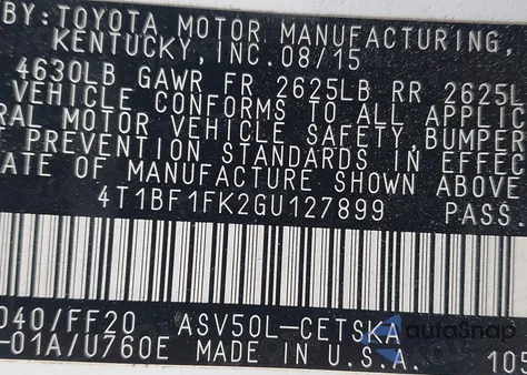 2016 Toyota Camry Se из США, поврежденный, VIN 4T1BF1FK2GU127899